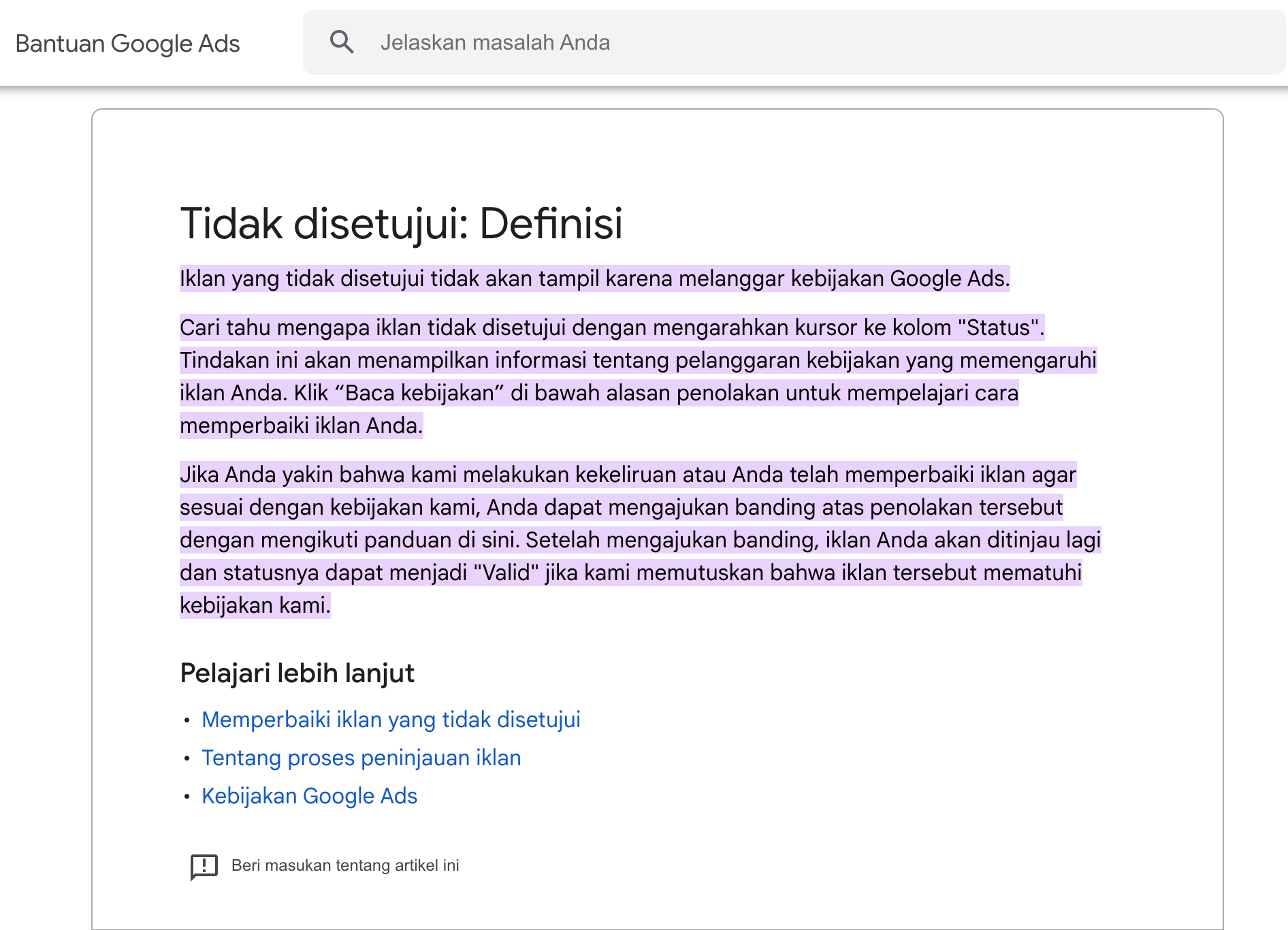 Iklan Tidak disetujui Iklan Tidak disetujui